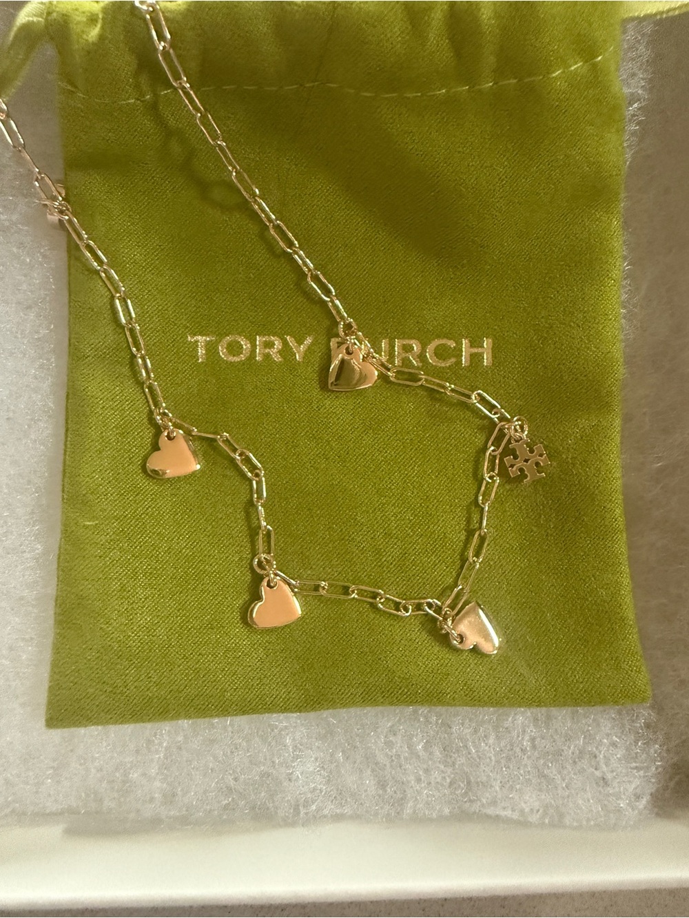 Tory Burch Gold Heart Charm Paperclip Necklace with Logo Pendant